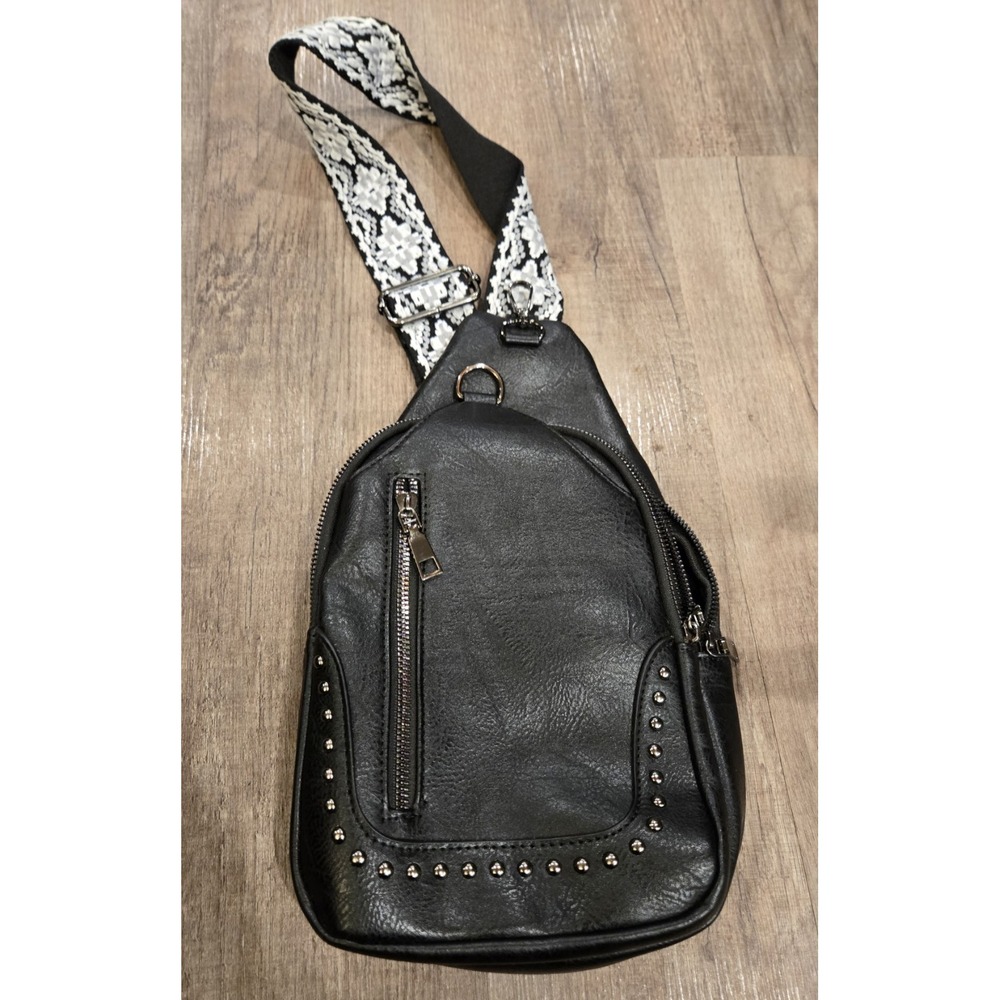 Sam & Hadley Guitar‎ Strap Sling Bag Black 4 Pockets Stud Embellishment Moto